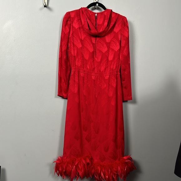 Vintage Women’s Silk Red Shift Dress Faux Feather Hem Necktie Slip on size S - Picture 13 of 17